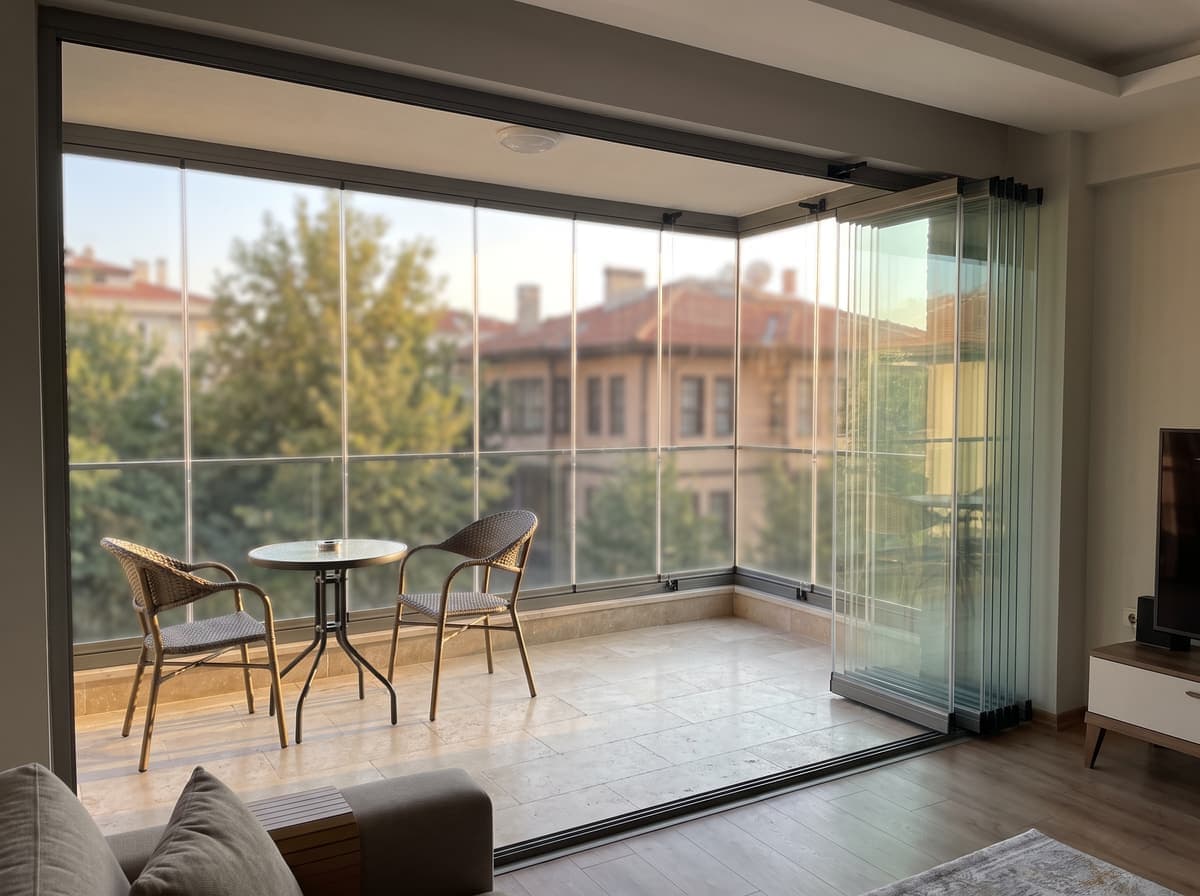 Temsili tasarım: panelleri bir yana toplanmış cam balkon, içeride küçük masa ve iki sandalye, akşamüstü ışığı