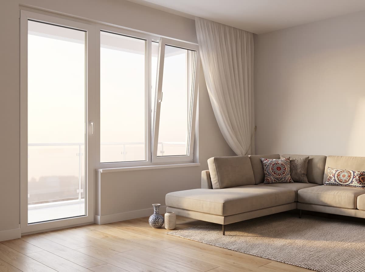 Temsili tasarım: beyaz PVC pencereler ve balkon kapısıyla aydınlık oturma odası